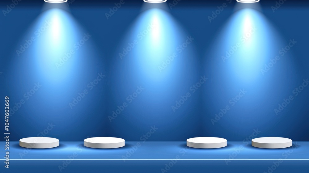 Poster four white cylindrical platforms illuminated by spotlights on a blue background