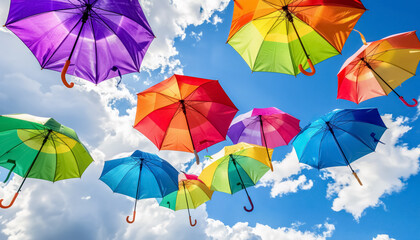 Obraz premium colorful rainbow umbrellas at blue sky, lgbt pride colorful background