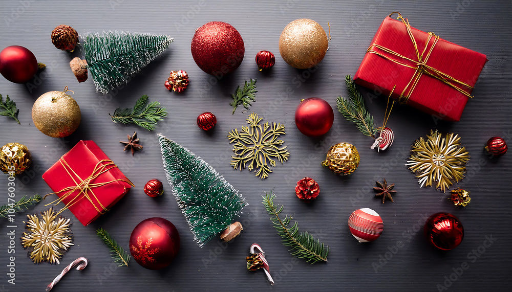 Aufkleber flat lay of christmas decorations with festive items for a happy new year display setup out_1(311)