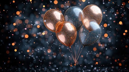 Bright metallic balloons float in the air, surrounded by colorful confetti and shimmering lights at a festive celebration
