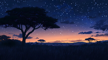 Experience the serene nights of the african savanna, where natural darkness enhances peaceful slumber under a starlit sky. Savanna Night Sky. Illustration