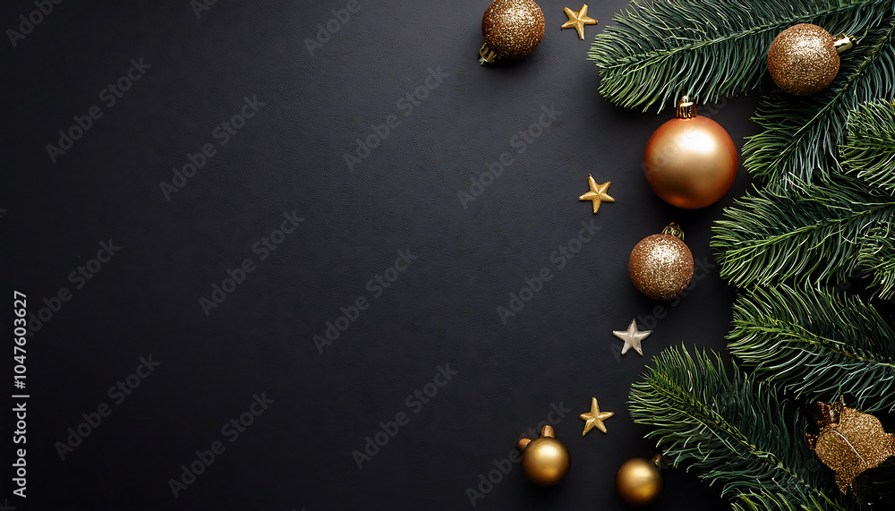 Poster Flat lay image features black Christmas background with fir tree and holiday decorations in_1(307)