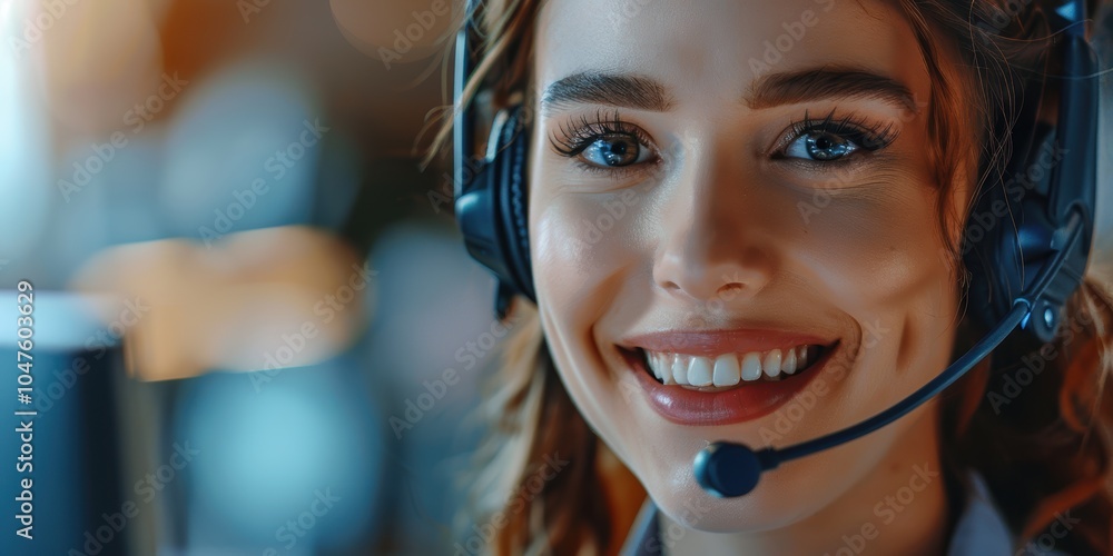 Poster friendly and cheerful customer service representative wearing a headset while working on a computer.