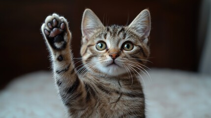 A playful kitten raising its paw in a cozy indoor setting during daylight hours