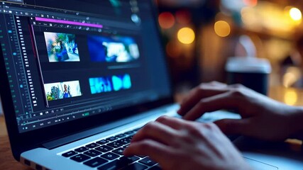 A person edits video footage on a laptop at night - Powered by Adobe