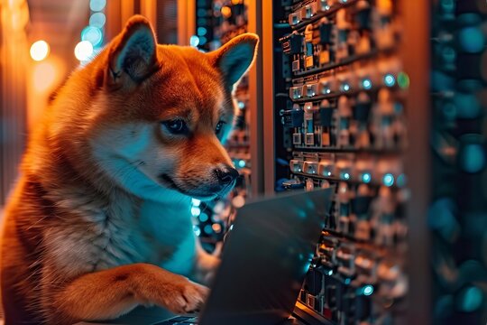 IT Admin Working with Laptop in Data Center Beside Server Racks Performing Diagnostics and Maintenance Tasks