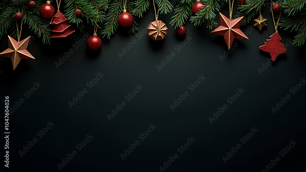 Poster Flat lay image features black Christmas background with fir tree and holiday decorations in a minimalist design space.