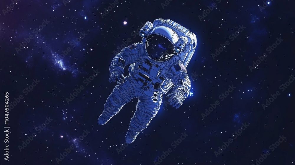 Poster astronaut floating in space against a backdrop of stars.