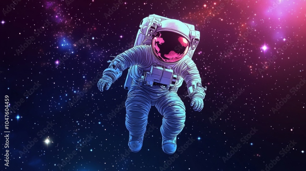 Poster astronaut floating in space against a starry background with a colorful glow.