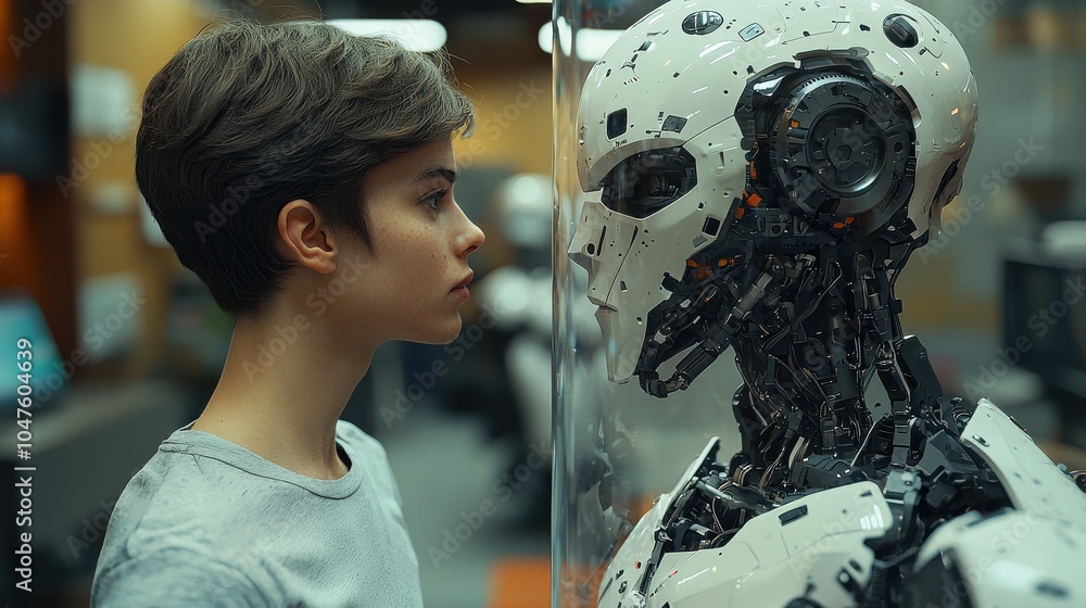 Poster a young person engages in a thoughtful encounter with a humanoid robot in a futuristic laboratory se