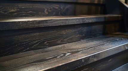 Obraz premium Ascending a dark wooden staircase, bathed in natural light, exuding warmth and elegance in a modern home