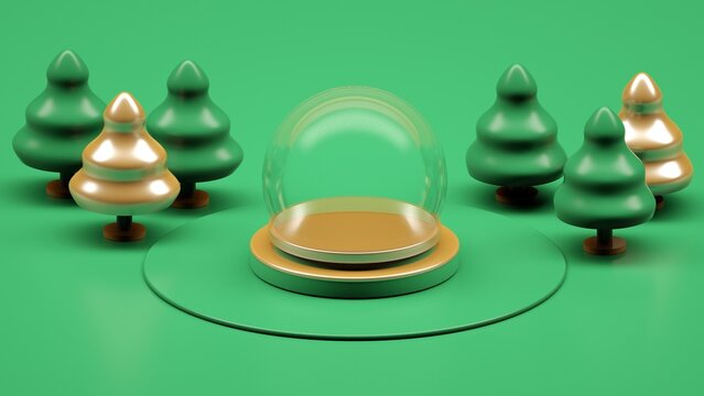 Illustration, 3d rendering, Christmas snow globe, Christmas background, new year, 2025, card, colored, red, green, gold, abstract background, Christmas tree, plastic, toy