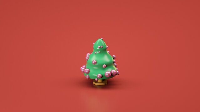Illustration, 3d rendering, Christmas tree with toys, isolated background, Christmas background, new year, 2025, card, colored, red, green, gold, abstract background, plastic, toy