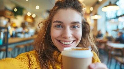 Selfie of a woman enjoying a drink in a café, promoting a student lifestyle or remote work, capturing a joyful moment for a profile picture update