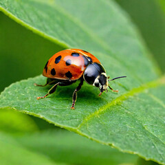 Fototapeta premium Macro Shot of Ladybug Insect on Leaf in West Java