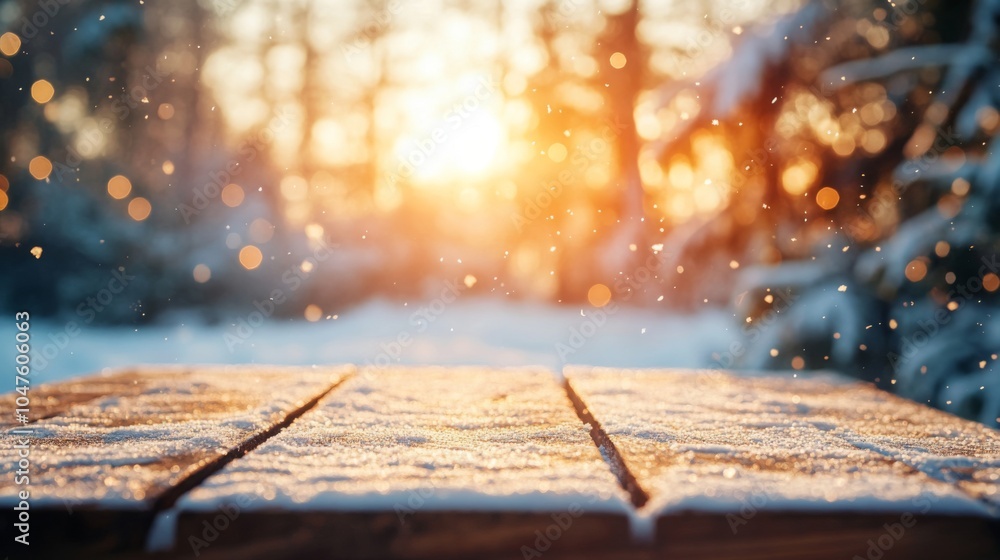Aufkleber A wooden surface is blanketed with fresh snow, sparkling in the warm sunlight of a winter afternoon, surrounded by trees. Soft snowfall creates a serene atmosphere in the forest.