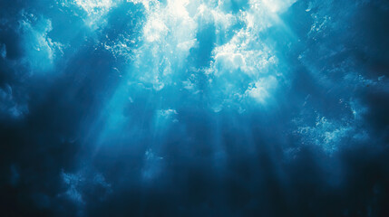 Obraz premium Deep Sky, blue, grainy analog 35mm film backdrop, background, texture, wallpaper. Filter, template, layer. Light or dust leak, abstract, retro, vintage, blurred, rays