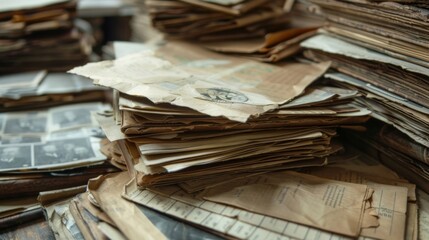 Piles of vintage paper documents are laying on top of a messy desk, some with old black and white photos. The papers are yellowed and weathered with age