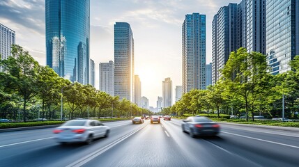 A vibrant urban street scene featuring tall skyscrapers, green trees lining the road, and cars driving towards a sunset.