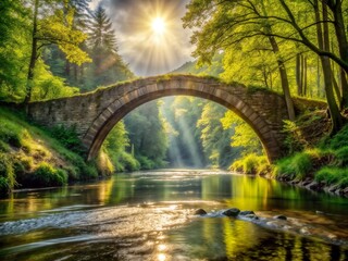Ancient stone bridge with sunburst in mystical forest landscape with reflective river