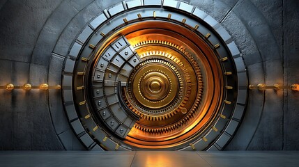 Fototapeta premium Intricate Golden Vault Door in an Underground Setting