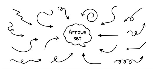 Black arrows infographic line set. Vector hand-drawn arrows.Comics different directions pointer collection. Various curved, arched, artistic, uneven arrow-shaped cursors for web design or interface.
