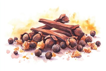 Fototapeta premium Hand-drawn Watercolor Illustration of Aromatic Cloves and Spice for Culinary and Aromatherapy