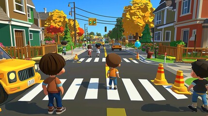 Obraz premium A colorful animated street scene with children waiting to cross, traffic signs, and autumn trees lining a suburban neighborhood.