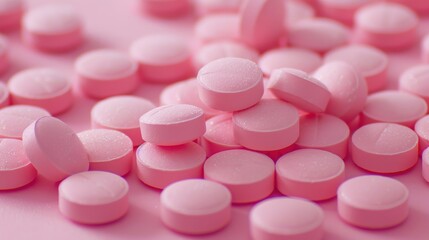 Background of pink pills. Concept of health supplements and scientific research in medicine