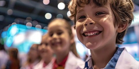 Naklejka premium Group of smiling children with a teacher at an educational event, showcasing joy and engagement in science and knowledge
