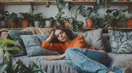 Exhausted cleaner resting on sofa to recover from fatigue, focusing on wellness and mental health after house cleaning, addressing burnout and stress in a home environment