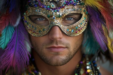 Obraz premium Colorful carnival masked man with feathers and jewels in vibrant portrait