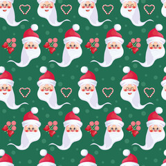 Seamless pattern depicting Santa Claus with various emotions on a green background. Vector illustration