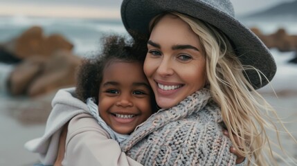 Portrait of a joyful woman and her adorable young daughter enjoying a sunny day at the beach and sharing a special bond
