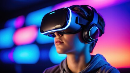 The person experiences a neon-lit world through VR technology, showcasing the modern blend of entertainment and innovation.