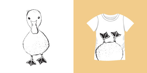 T-shirt with duck bird pattern. Women jersey, sport uniform kit, short fashion top, round neck blouse. Sketch Illustration. Template mock up