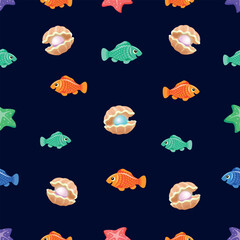 The underwater world is rich in various sea creatures, sea, ocean, water, seaweed, vector, seamless pattern, colored, art, illustration, background, isolated