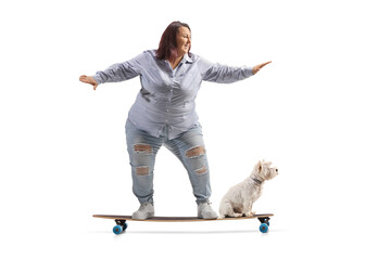 Plus size woman with a dog riding on a skateboard