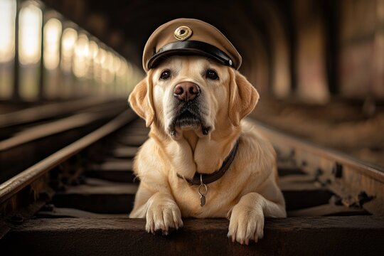 Adorable labrador in train conductor hat on railway tracks