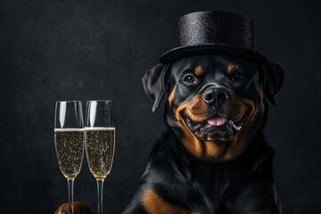 Obraz premium Charming rottweiler in top hat with champagne glasses celebrates in style