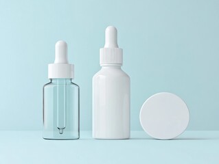 White Dropper Bottles on Blue Background