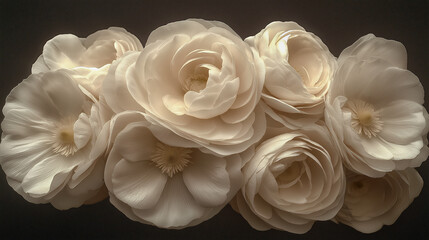 White ranunculus flowers on black background.