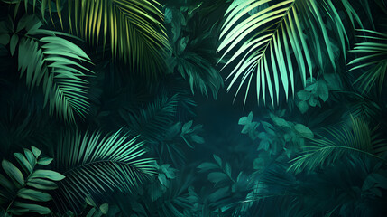 Tropical background out of plants, leafs and palms, green botanical jungle illustration