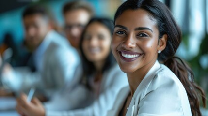 Fototapeta premium Image of a young professional woman participating in a meeting with colleagues. Group discussing and strategizing at a conference table in a workplace setting