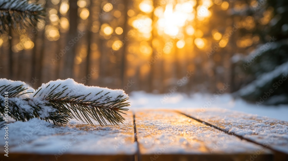 Poster soft sunlight filters through a snowy forest, illuminating a pine branch dusted with fresh snow on a
