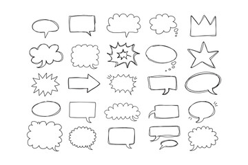  Speaking hand drawn doodle bubbles set. Talk clouds sketch frames. Speech thought Balloon shapes.