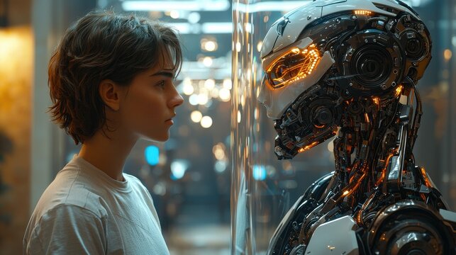 A young woman stands face to face with a lifelike robot in a futuristic setting, exploring the boundaries of technology and humanity