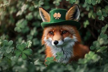 Naklejka premium Charming fox in a leprechaun hat surrounded by lush green clovers