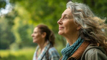 Fototapeta premium Elderly women enjoying quality time together outdoors, walking in a park for relaxation and conversation, fostering bond and support in a natural setting