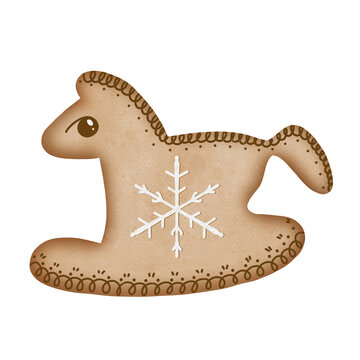 recommend clip art: Rocking horse shaped cookies with a snowflakes and brown pattern, Gingerbread Cookies Watercolor, Christmas Cookies Watercolor Illustration	